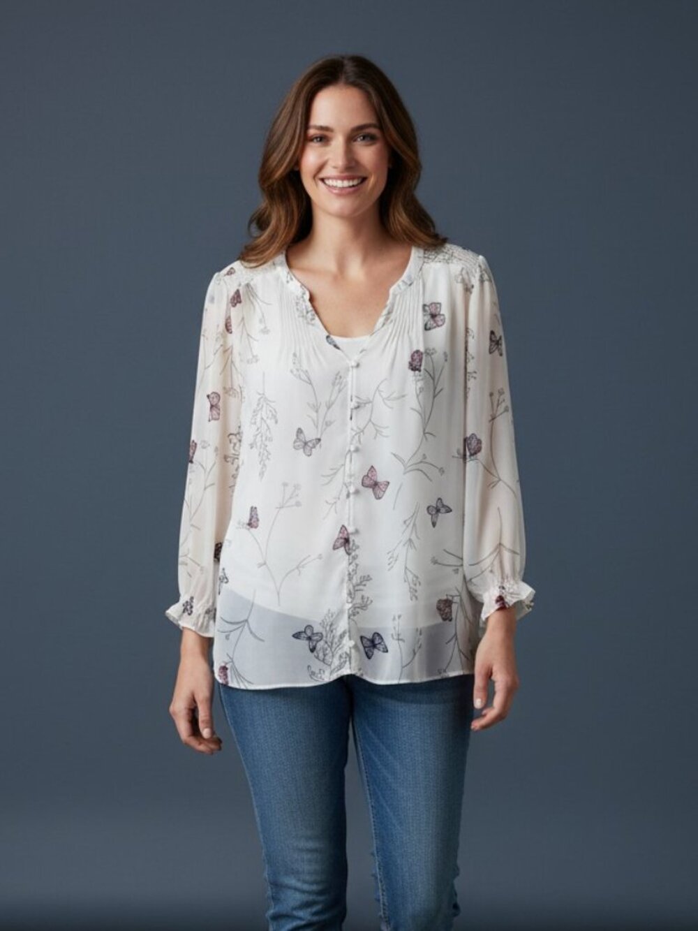 Reitmans Sheer White Blouse with Multicolor Butterfly Print